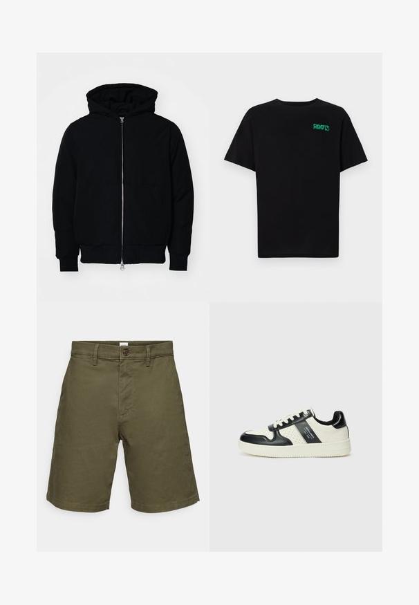 Veste à capuche noire avec fermeture éclair sur le devant, poche kangourou, poignets et ourlet côtelés, présentée sur un fond blanc uni.; T-shirt noir en coton à manches courtes. Présente un logo "ROOTS" vert sur le devant, un col rond et une coupe standard.; Shorts vert olive en coton avec une fermeture à bouton. Dotés d'un devant plat, d'une longueur courte et de détails de couture visibles.; Baskets en cuir avec un schéma de couleurs noir et crème, dotées d'accents perforés, d'un col rembourré et d'une semelle texturée.