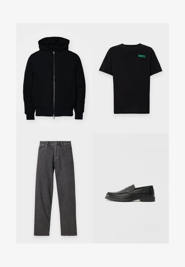 Melna kapucēta jaka ar priekšējo rāvējslēdzēju, kenguru kabatu, ribinātām aprocēm un apakšmalu, parādīta uz vienkārša balta fona.; Melna kokvilnas t-kreka ar īsām piedurknēm. Uz priekšu ir zaļa "ROOTS" logo, apaļa kakla izgriezums un standarta piegriezums.; Melni džinsi ar taisnu kāju griezumu, piecu kabatu dizainu un nedaudz izbalējušu izskatu. Iezīmējas ar pogu aizdari un jostu cilpiņām.; Melnas ādas loafers ar gludu apdari, mokasīnu stila augšdaļu, šūtu detalizāciju un gumijas zoli. Klasisks dizains ar zemu papēdi.