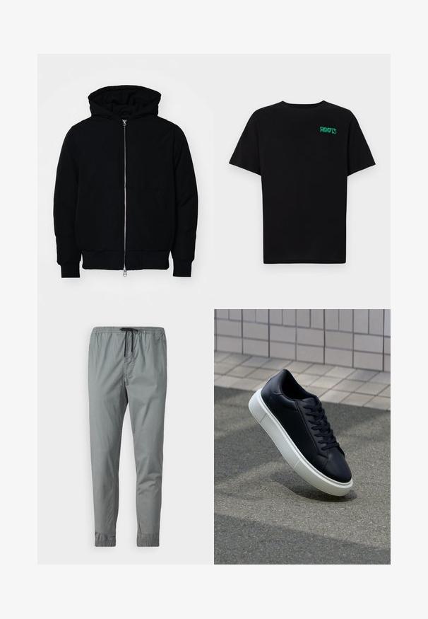 Veste à capuche noire avec fermeture éclair sur le devant, poche kangourou, poignets et ourlet côtelés, présentée sur un fond blanc uni.; T-shirt noir en coton à manches courtes. Présente un logo "ROOTS" vert sur le devant, un col rond et une coupe standard.; Pantalon décontracté gris avec une taille élastique, fermeture à cordon de serrage et jambes fuselées. Tissu lisse avec des poignets élastiques aux chevilles.; Baskets noires en cuir avec bout arrondi et semelle en caoutchouc blanc. Elles présentent des lacets plats et une couture minimale sur la tige. Semelle texturée pour une bonne adhérence.