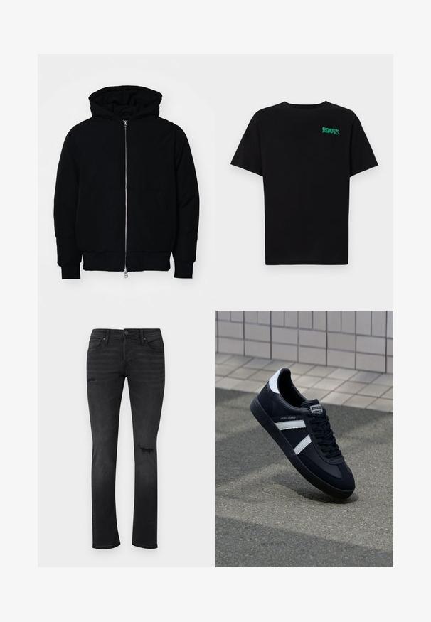 Giacca nera con cappuccio, dotata di zip frontale, tasca a marsupio, polsini e orlo a coste, esposta su uno sfondo bianco semplice.; T-shirt nera in cotone con maniche corte. Presenta un logo verde "ROOTS" sulla parte frontale, colletto rotondo e vestibilità standard.; Jeans in denim nero con una vestibilità slim, caratterizzati da aree sfilacciate visibili sui ginocchi, cinque tasche e una chiusura standard con bottone e zip.; Sneaker neri in pelle con strisce bianche, suola in gomma texturizzata e allacciatura frontale. Presenta un'etichetta con il marchio sulla linguetta.