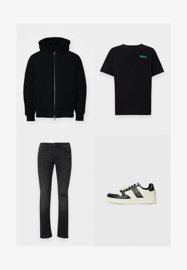Čierna kapucňová bunda s predným zipsom, klokaními vreckami, rebrovanými manžetami a lemom, zobrazená na bielom pozadí.; Čierne tričko s krátkymi rukávmi vyrobené z bavlny. Na prednej strane má zelené logo "ROOTS", okrúhly výstrih a štandardný strih.; Čierne denimové džínsy so štíhlym strihom, s viditeľnými opotrebovanými miestami na kolenách, piatimi vreckami a štandardným zapínaním na gombík a zips.; Kožené tenisky v čierno-krémovej farbe, s perforovanými akcentmi, polstrovaným golierom a štruktúrovanou podrážkou.