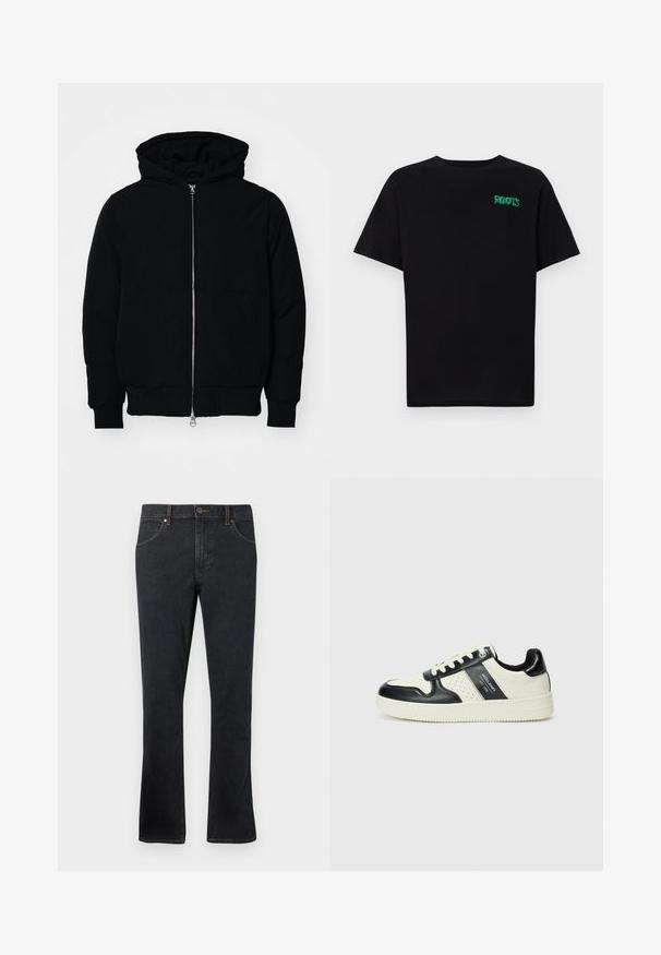 Svart hettejakke med frontglidelås, kengurulomme, ribbestrikket mansjetter og søm, vist på en ensfarget hvit bakgrunn.; svart t-skjorte laget av bomull med korte ermer. Har et grønt "ROOTS"-logo på forsiden, rund halsutringning og standard passform.; Mørkeblå denimjeans med rett passform, med fem lommer, kontraststing og en svak bunnvidde.; Lædersneakers med sort og creme farveskema, der har perforerede detaljer, en polstret krave og en struktureret ydersål.