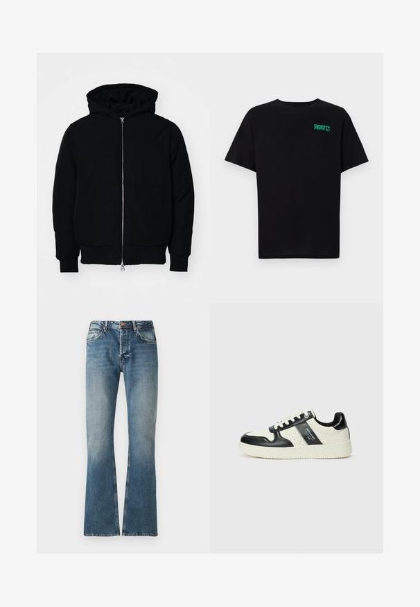 Mustaga kapuutsiga jakk, millel on esineed, kenguru tasku, soonikkoes, ja alläär, esitatud lihtsal valgel taustal.; Must t-särk, mis on valmistatud puuvillast, lühikeste varrukatega. Esipaneelil on roheline "ROOTS" logo, ümmargune kaelus ja tavapärane lõige.; Sinine teksapükste mudel, millel on kulunud efekt, sirge jalg, nööp ja lukuga kinnitamine ning viie tasku disain.; Nahatud nahkkingad musta ja kreemi värviskeemiga, millel on perforeeritud aktsendid, pehme krae ja tekstureeritud tallad.