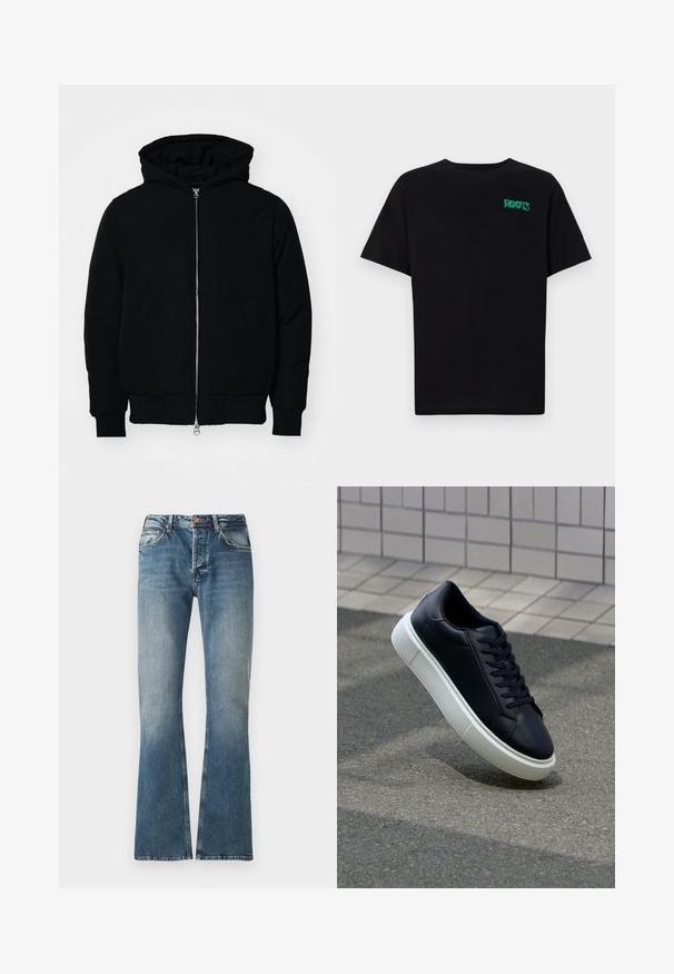 Črna kapuca jakna s sprednjim zadrgo, kenguru žepom, rebrastimi manšetami in hemom, razstavljena na enostavni beli ozadju.; Črna majica iz bombaža z kratkimi rokavi. Na sprednji strani ima zeleno logotip "ROOTS", okroglo ovratnico in standardno prileganje.; Modre jeans hlače iz jeansa z efektom zbledelosti, ravne noge, z gumbom in zadrgo ter zasnovo s petimi žepi.; Črne usnjene superge z zaobljenim prstom in belim gumijastim podplat. Imajo ravne vezalke in minimalno šivanje na zgornjem delu. Teksturirani podplat za oprijem.