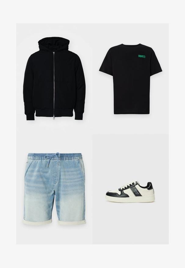 Jachetă neagră cu glugă, cu fermoar în față, buzunar tip kangaroo, mansete și tiv ribbed, prezentată pe un fundal alb simplu.; Tricou negru din bumbac, cu mâneci scurte. Prezintă un logo verde "ROOTS" pe față, guler rotund și o potrivire standard.; Shorts din denim de culoare albastru deschis, cu talie elastică, închidere cu șnur, buzunare laterale și accente cu tiv răsucit. Textură netedă.; Tenisi din piele cu un scheme de culori negru și crem, dotati cu accente perforate, guler căptușit și o talpă texturată.