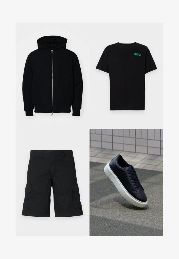 Giacca nera con cappuccio, dotata di zip frontale, tasca a marsupio, polsini e orlo a coste, esposta su uno sfondo bianco semplice.; T-shirt nera in cotone con maniche corte. Presenta un logo verde "ROOTS" sulla parte frontale, colletto rotondo e vestibilità standard.; Pantaloni cargo neri realizzati in tessuto leggero; presentano due tasche laterali e due tasche a patta; design dritto con una vestibilità ampia.; Sneaker in pelle nera con punta arrotondata e suola in gomma bianca. Presenta lacci piatti e cuciture minime sulla parte superiore. Suola testurizzata per una migliore aderenza.