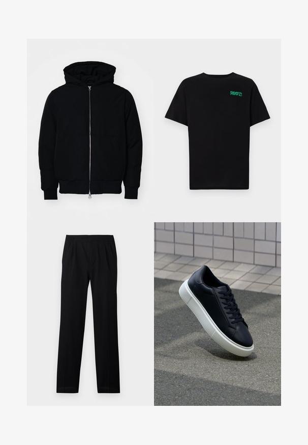 Veste à capuche noire avec fermeture éclair sur le devant, poche kangourou, poignets et ourlet côtelés, présentée sur un fond blanc uni.; T-shirt noir en coton à manches courtes. Présente un logo "ROOTS" vert sur le devant, un col rond et une coupe standard.; Pantalons noirs avec une taille élastique, jambes droites et plis subtils. Texture lisse et matériau léger. Pas de motifs visibles.; Baskets noires en cuir avec bout arrondi et semelle en caoutchouc blanc. Elles présentent des lacets plats et une couture minimale sur la tige. Semelle texturée pour une bonne adhérence.