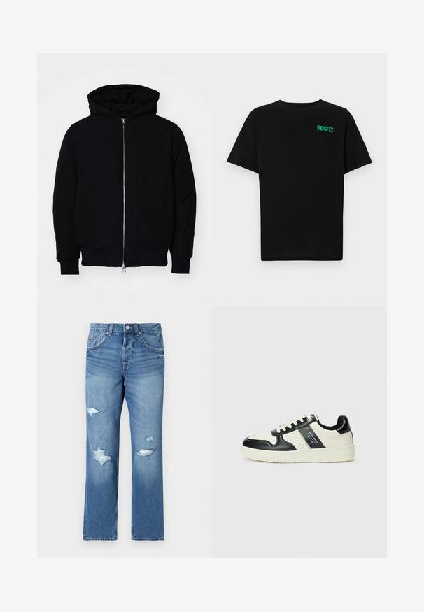 Schwarze Kapuzenjacke mit Frontreißverschluss, Kängurutasche, gerippten Bündchen und Saum, auf einem schlichten weißen Hintergrund präsentiert.; Schwarzes T-Shirt aus Baumwolle mit kurzen Ärmeln. Auf der Vorderseite befindet sich ein grünes "ROOTS"-Logo, es hat einen runden Halsauschnitt und eine normale Passform.; Helle blaue Denim-Jeans mit regular Fit, die über beschädigte Stellen und fransige Kanten verfügen. Mit Knopfverschluss und Fünf-Taschen-Design.; Leder-Sneaker in Schwarz- und Cremetönen, mit perforierten Akzenten, einem gepolsterten Kragen und einer strukturierten Laufsohle.