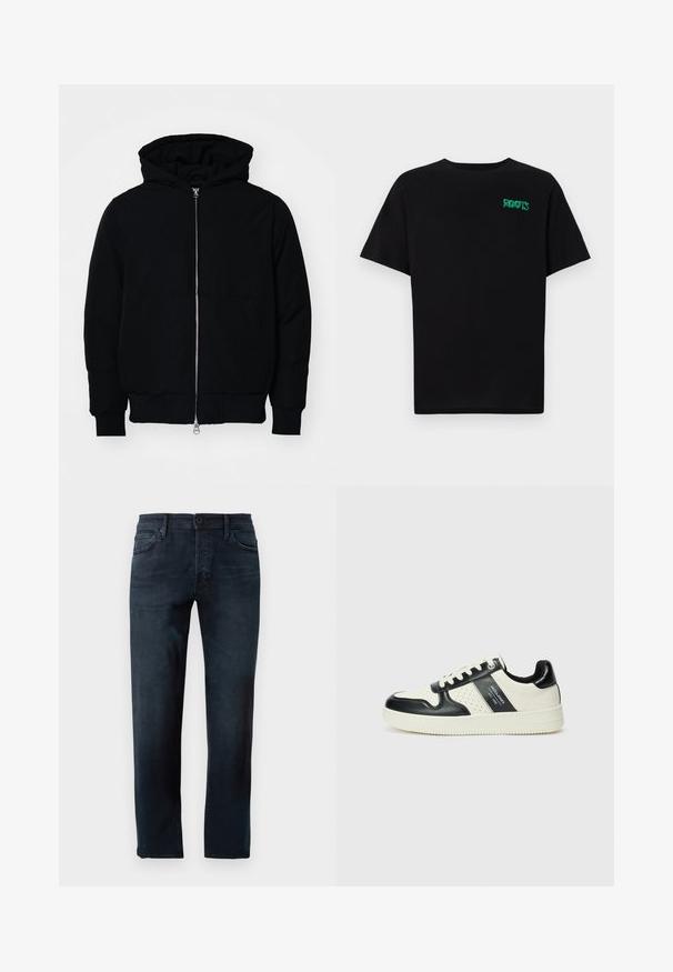 Chaqueta negra con capucha, cierre frontal, bolsillo tipo canguro, y puños y dobladillo acanalados, exhibida sobre un fondo blanco liso.; Camiseta negra de algodón con mangas cortas. Presenta un logo verde "ROOTS" en el frente, escote redondo y corte estándar.; Vaqueros azul oscuro, hechos de tela de mezclilla, con un diseño de pierna recta, cierre frontal de botón y cremallera, y cinco bolsillos.; Zapatillas de cuero con un esquema de colores negro y crema, que cuentan con acentos perforados, un collar acolchado y una suela texturizada.