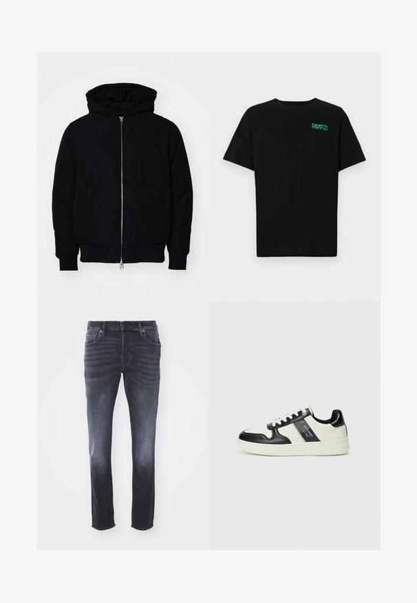 Mustaga kapuutsiga jakk, millel on esineed, kenguru tasku, soonikkoes, ja alläär, esitatud lihtsal valgel taustal.; Must t-särk, mis on valmistatud puuvillast, lühikeste varrukatega. Esipaneelil on roheline "ROOTS" logo, ümmargune kaelus ja tavapärane lõige.; Tumedad hallid denimid, klassikalise sirge jala disainiga, esikottide, lukuga ja nööbiga sulgemise ning mõõduka pleekimisega.; Nahatud nahkkingad musta ja kreemi värviskeemiga, millel on perforeeritud aktsendid, pehme krae ja tekstureeritud tallad.