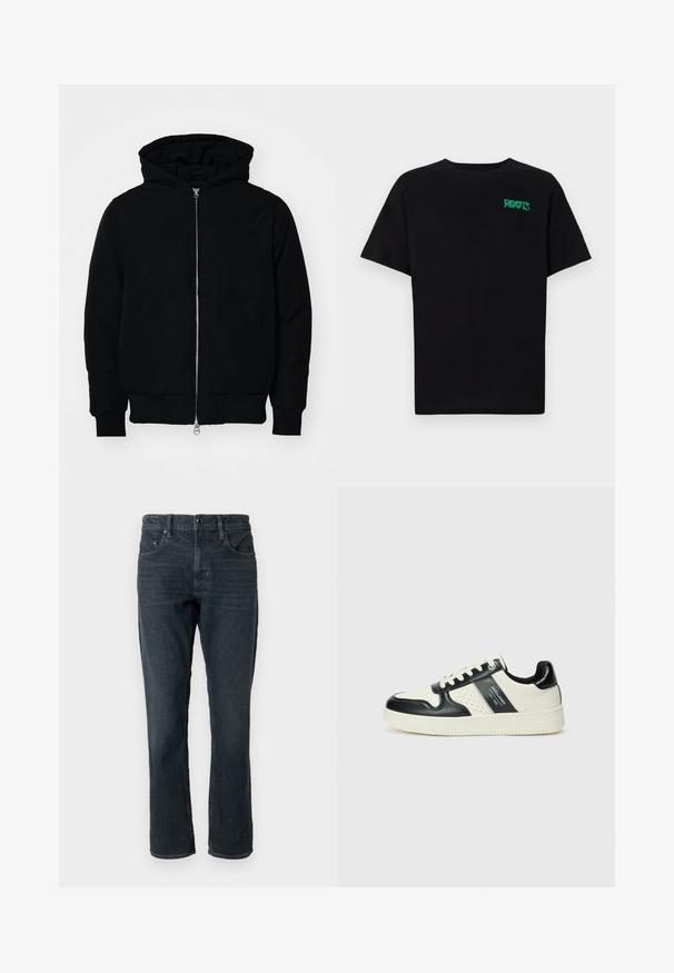 Chaqueta negra con capucha, cierre frontal, bolsillo tipo canguro, y puños y dobladillo acanalados, exhibida sobre un fondo blanco liso.; Camiseta negra de algodón con mangas cortas. Presenta un logo verde "ROOTS" en el frente, escote redondo y corte estándar.; Jeans de mezclilla azul oscuro con corte recto, diseño de cinco bolsillos y cierre de botón. Presenta un ligero desvanecimiento y costuras de contraste.; Zapatillas de cuero con un esquema de colores negro y crema, que cuentan con acentos perforados, un collar acolchado y una suela texturizada.