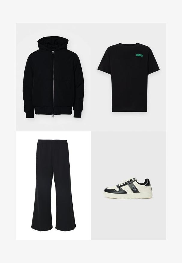 Čierna kapucňová bunda s predným zipsom, klokaními vreckami, rebrovanými manžetami a lemom, zobrazená na bielom pozadí.; Čierne tričko s krátkymi rukávmi vyrobené z bavlny. Na prednej strane má zelené logo "ROOTS", okrúhly výstrih a štandardný strih.; Weekday GABRIEL LOOSE TROUSERS - Nohavice - black; Kožené tenisky v čierno-krémovej farbe, s perforovanými akcentmi, polstrovaným golierom a štruktúrovanou podrážkou.