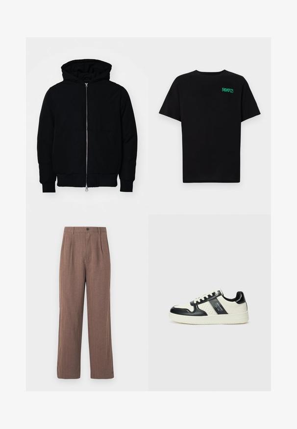 Melna kapucēta jaka ar priekšējo rāvējslēdzēju, kenguru kabatu, ribinātām aprocēm un apakšmalu, parādīta uz vienkārša balta fona.; Melna kokvilnas t-kreka ar īsām piedurknēm. Uz priekšu ir zaļa "ROOTS" logo, apaļa kakla izgriezums un standarta piegriezums.; Brūni, plati bikses izgatavotas no teksturēta auduma, ar krokām un pogu aizdari jostasvietā. Kvalitatīva izstrāde ar skaidrām līnijām.; Ādas sporta apavi ar melnbaltu krāsu shēmu, ar perforētiem akcentiem, mīkstinātu apkakli un teksturētu zoli.