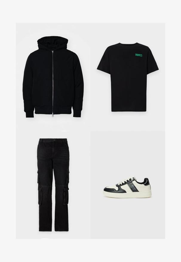 Čierna kapucňová bunda s predným zipsom, klokaními vreckami, rebrovanými manžetami a lemom, zobrazená na bielom pozadí.; Čierne tričko s krátkymi rukávmi vyrobené z bavlny. Na prednej strane má zelené logo "ROOTS", okrúhly výstrih a štandardný strih.; Čierne denimsové nohavice so strihom rovného nohu, vybavené dvoma bočnými vreckami na cargo a klasickým gombíkovým zapínaním. Textúrovaná látka s minimálnym vyblednutím.; Kožené tenisky v čierno-krémovej farbe, s perforovanými akcentmi, polstrovaným golierom a štruktúrovanou podrážkou.