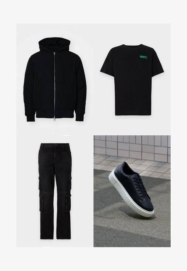 Black hooded jacket with front zipper, kangaroo pocket, ribbed cuffs, and hem, displayed on a plain white background.; Black t-shirt made of cotton with short sleeves. Features a green "ROOTS" logo on the front, round neckline, and standard fit.; Black denim trousers with a straight leg design, featuring two side cargo pockets and a classic button closure. Textured fabric with minimal fading.; Black leather sneaker with rounded toe and white rubber sole. Features flat laces and minimal stitching on the upper. Textured sole for grip.