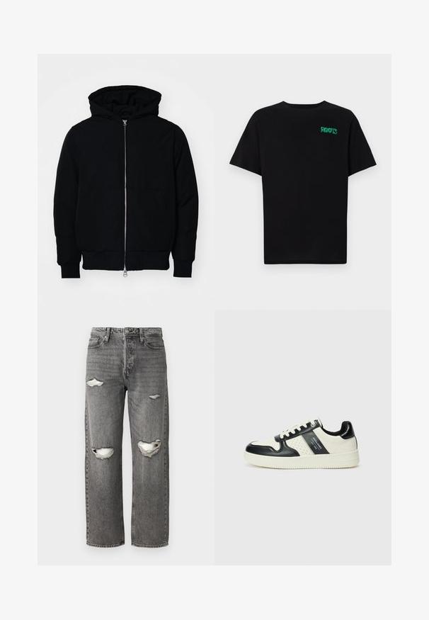 Juodas gobtuvėlis su priekiniu užtrauktuku, kengūros tipo kišene, lygiais rankogaliais ir apvadu, pateiktas ant vientiso balto fono.; Juodas medvilninis marškinėliai trumpomis rankovėmis. Priekyje yra žalias „ROOTS“ logotipas, apvalus iškirpimas ir standartinė prigludimo forma.; Pilki džinsai su laisvu siluetu, su suplėšytais keliais, klasikinis penkių kišenių dizainas ir užtrauktuko uždarymas.; Odiniai sportbačiai juodos ir kreminės spalvų schemoje, su perforuotais akcentais, paminkštinta apykakle ir tekstūruotu padu.