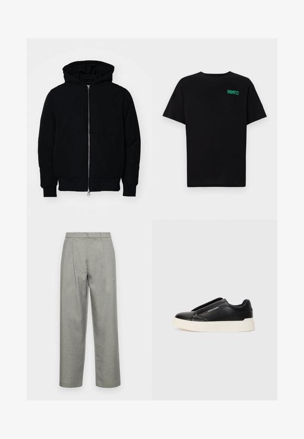 Schwarze Kapuzenjacke mit Frontreißverschluss, Kängurutasche, gerippten Bündchen und Saum, auf einem schlichten weißen Hintergrund präsentiert.; Schwarzes T-Shirt aus Baumwolle mit kurzen Ärmeln. Auf der Vorderseite befindet sich ein grünes "ROOTS"-Logo, es hat einen runden Halsauschnitt und eine normale Passform.; Graue maßgeschneiderte Hose aus strukturiertem Stoff mit geradem Bein, Bundfalten und einem Standardbund mit Gürtelschlaufen.; Schwarzer Schlupfschuh aus strukturiertem Lederobermaterial, mit weißer Gummisohle und ohne sichtbare Schnürsenkel. Mit Markenlogo an der Seite.