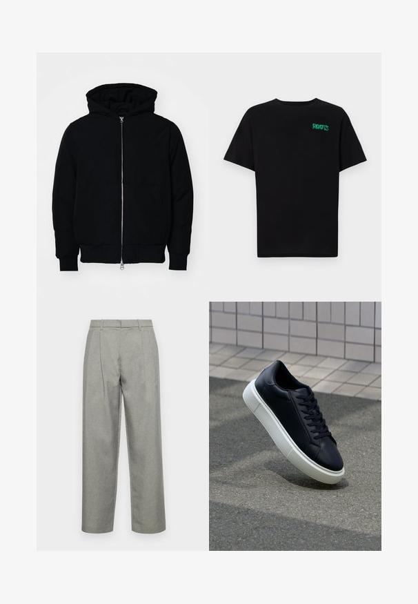 Black hooded jacket with front zipper, kangaroo pocket, ribbed cuffs, and hem, displayed on a plain white background.; Black t-shirt made of cotton with short sleeves. Features a green "ROOTS" logo on the front, round neckline, and standard fit.; Gray tailored trousers made of textured fabric, featuring a straight-leg design, front pleats, and a standard waistband with belt loops.; Black leather sneaker with rounded toe and white rubber sole. Features flat laces and minimal stitching on the upper. Textured sole for grip.