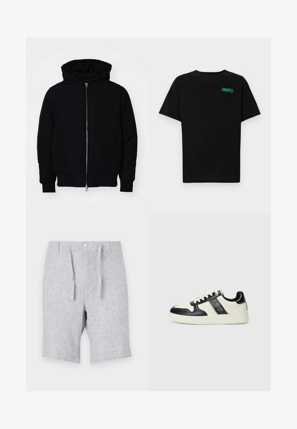 Melna kapucēta jaka ar priekšējo rāvējslēdzēju, kenguru kabatu, ribinātām aprocēm un apakšmalu, parādīta uz vienkārša balta fona.; Melna kokvilnas t-kreka ar īsām piedurknēm. Uz priekšu ir zaļa "ROOTS" logo, apaļa kakla izgriezums un standarta piegriezums.; Gaiši pelēki šorti, izgatavoti no strukturētas auduma, ar aukliņas un pogas aizdari, divām sānu kabatām un taisnu kāju dizainu.; Ādas sporta apavi ar melnbaltu krāsu shēmu, ar perforētiem akcentiem, mīkstinātu apkakli un teksturētu zoli.