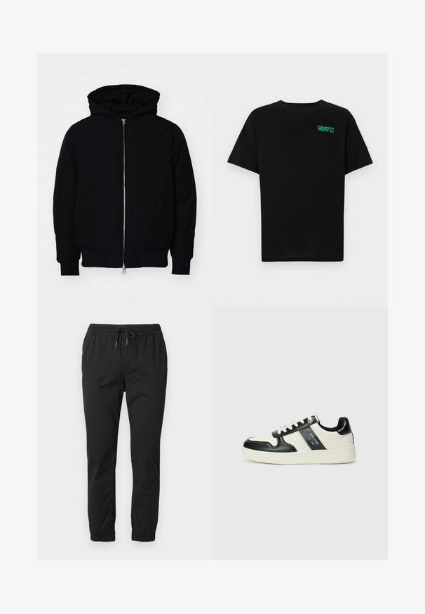 Zwarte hoodie met rits aan de voorkant, kangoeroe-pocket, geribbelde manchetten en zoom, weergegeven op een effen witte achtergrond.; Zwarte T-shirt van katoen met korte mouwen. Heeft een groen "ROOTS" logo op de voorkant, een ronde halslijn en een standaard pasvorm.; Zwarte joggingsbroek met een elastische tailleband, trekkoord en omgeslagen enkels. Gemaakt van een soepele, lichtgewicht stof.; Leren sneakers met een zwart en crèmekleurig kleurenschema, voorzien van geperforeerde accenten, een gevoerde kraag en een gestructureerde buitenzool.