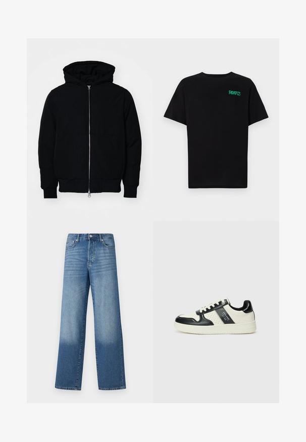 Veste à capuche noire avec fermeture éclair sur le devant, poche kangourou, poignets et ourlet côtelés, présentée sur un fond blanc uni.; T-shirt noir en coton à manches courtes. Présente un logo "ROOTS" vert sur le devant, un col rond et une coupe standard.; Jean droit taille haute bleu avec des dégradés au niveau des cuisses et une teinte plus foncée près des ourlets, avec un bouton avant et des poches visibles.; Baskets en cuir avec un schéma de couleurs noir et crème, dotées d'accents perforés, d'un col rembourré et d'une semelle texturée.