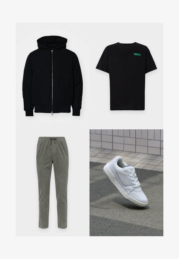 Svart hettejakke med frontglidelås, kengurulomme, ribbestrikket mansjetter og søm, vist på en ensfarget hvit bakgrunn.; svart t-skjorte laget av bomull med korte ermer. Har et grønt "ROOTS"-logo på forsiden, rund halsutringning og standard passform.; Olivenfargede corduroy-bukser med elastisk midje og snor, rett ben og en strukturert stoffmønster.; Hvite lær sneakers med perforerte sider, teksturerte detaljer, flate lisser og en kontrasterende grå hæl. Har en lite hevet såle.