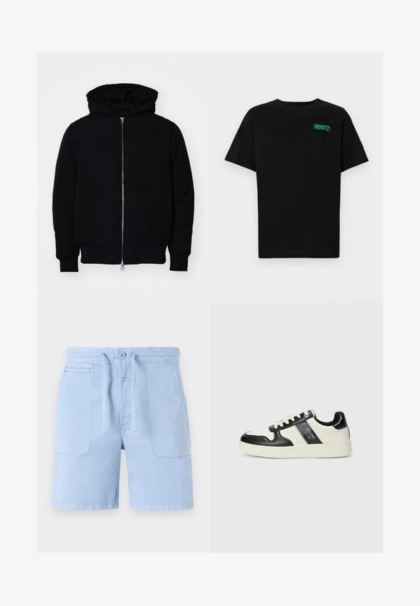 Giacca nera con cappuccio, dotata di zip frontale, tasca a marsupio, polsini e orlo a coste, esposta su uno sfondo bianco semplice.; T-shirt nera in cotone con maniche corte. Presenta un logo verde "ROOTS" sulla parte frontale, colletto rotondo e vestibilità standard.; Pantaloni corti azzurri chiari in cotone, con vita regolabile tramite cordino, due tasche anteriori e una texture liscia. Design semplice con accenti minimi.; Sneakers in pelle con una combinazione di colori nero e crema, dotati di dettagli perforati, collare imbottito e suola testurizzata.