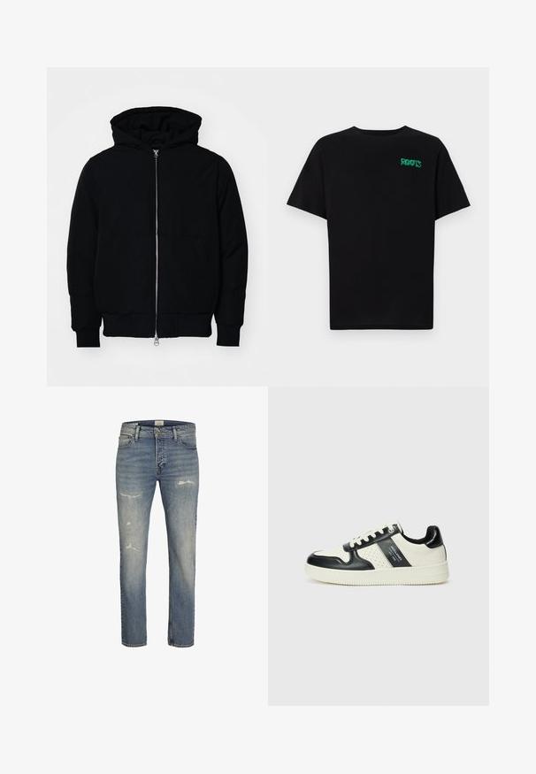 Mustat huppu-untuvatakki, jossa on vetoketju edessä, kenguru-tasku, ribatut hihansuut ja helma, esillä yksinkertaisella valkoisella taustalla.; Mustat t-paidat, jotka on valmistettu puuvillasta ja joissa on lyhyet hihat. Edessä vihreä "ROOTS"-logo, pyöreä kaula-aukko ja normaali istuvuus.; Vaaleansiniset farkut, joissa on suora lahje, etupuolella kulutettua ilmettä, sekä klassinen viiden taskun malli vetoketjulla.; Nahkakengät musta-kerma värimaailmassa, joissa on rei'itetyt yksityiskohdat, pehmustettu nilkkaosa ja teksturoitu pohja.