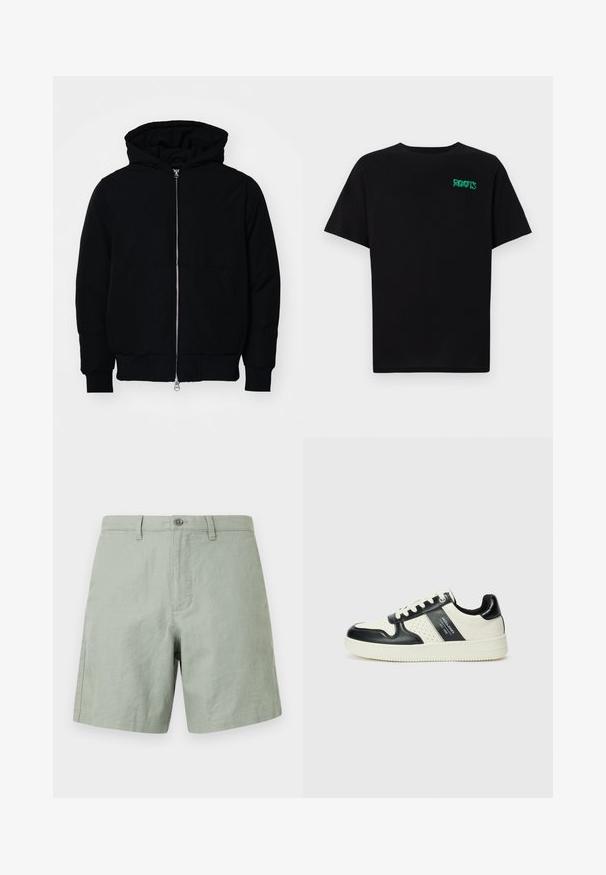 Sort hættejakke med frontlynlås, kængurulomme, ribbede manchetter og kant, præsenteret på en ensfarvet hvid baggrund.; Sort t-shirt lavet af bomuld med korte ærmer. Har et grønt "ROOTS" logo på forsiden, rund halsudskæring og almindelig pasform.; Lys grønne linned shorts med flad front, enkelt knaplukning og sidelommer. Flad kant med minimale syninger.; Lædersneakers i sort og creme farveskema, med perforerede detaljer, en polstret krave og en struktureret ydersål.