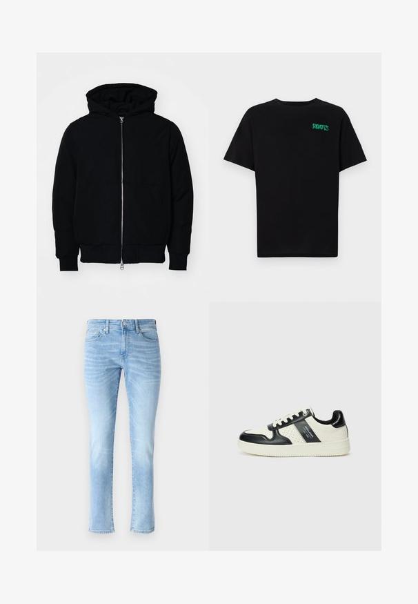 Zwarte hoodie met rits aan de voorkant, kangoeroe-pocket, geribbelde manchetten en zoom, weergegeven op een effen witte achtergrond.; Zwarte T-shirt van katoen met korte mouwen. Heeft een groen "ROOTS" logo op de voorkant, een ronde halslijn en een standaard pasvorm.; Lichtblauwe denim jeans met een slim fit, vijf-pocketontwerp en subtiele vervagingdetails, met een klassieke rechte pijp en knoopsluiting.; Leren sneakers met een zwart en crèmekleurig kleurenschema, voorzien van geperforeerde accenten, een gevoerde kraag en een gestructureerde buitenzool.