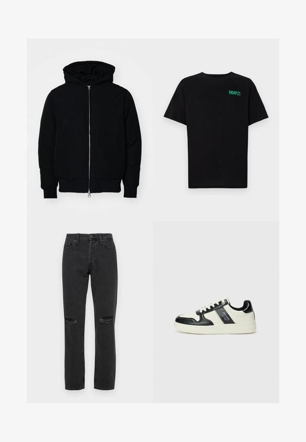 Mustaga kapuutsiga jakk, millel on esineed, kenguru tasku, soonikkoes, ja alläär, esitatud lihtsal valgel taustal.; Must t-särk, mis on valmistatud puuvillast, lühikeste varrukatega. Esipaneelil on roheline "ROOTS" logo, ümmargune kaelus ja tavapärane lõige.; Mustad sinised teksad, millel on reie lõhkemise detailid, viie-taskuline disain, sirge jalgade istuvus ja peen kontrastne õmblemine.; Nahatud nahkkingad musta ja kreemi värviskeemiga, millel on perforeeritud aktsendid, pehme krae ja tekstureeritud tallad.