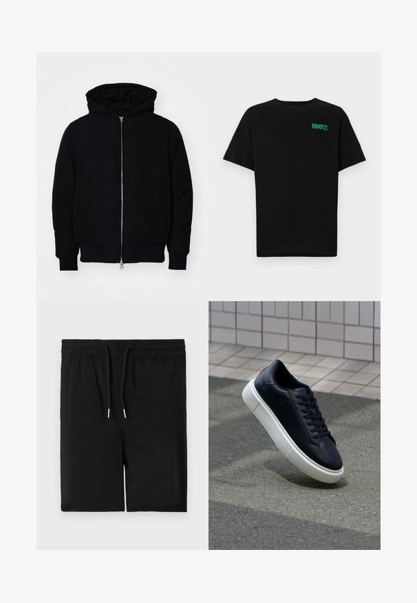 Zwarte hoodie met rits aan de voorkant, kangoeroe-pocket, geribbelde manchetten en zoom, weergegeven op een effen witte achtergrond.; Zwarte T-shirt van katoen met korte mouwen. Heeft een groen "ROOTS" logo op de voorkant, een ronde halslijn en een standaard pasvorm.; Zwarte shorts van zachte stof, met een elastische tailleband met trekkoord en een gladde textuur. Geen zakken of extra versieringen.; Zwarte leren sneaker met een ronde neus en een witte rubberen zool. Voorzien van platte veters en minimale stiksels op het bovenwerk. Textuurrijke zool voor grip.