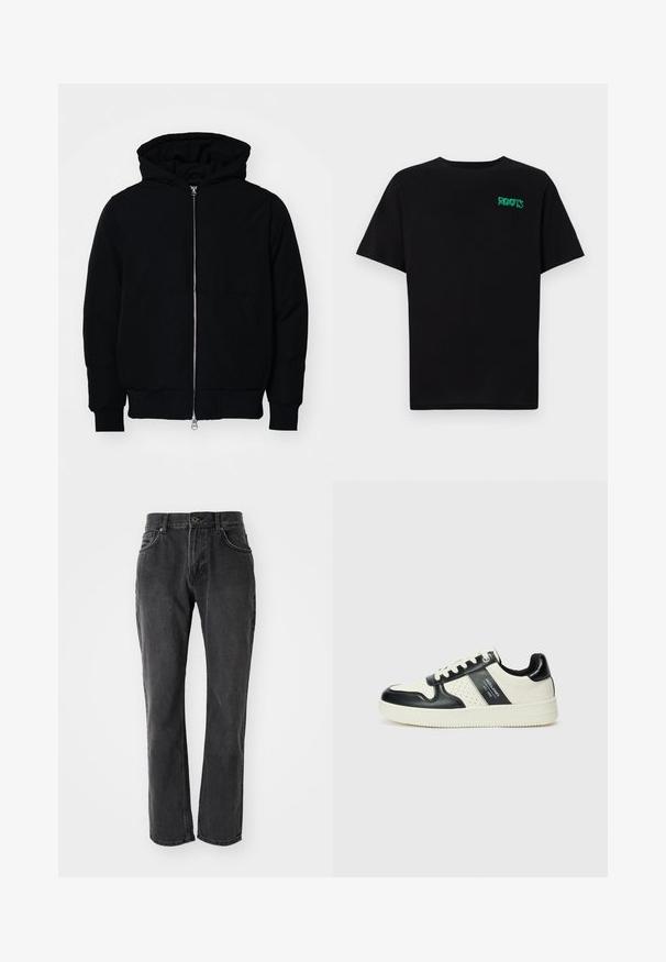 Giacca nera con cappuccio, dotata di zip frontale, tasca a marsupio, polsini e orlo a coste, esposta su uno sfondo bianco semplice.; T-shirt nera in cotone con maniche corte. Presenta un logo verde "ROOTS" sulla parte frontale, colletto rotondo e vestibilità standard.; Jeans in denim nero con taglio dritto, caratterizzati da cinque tasche, chiusura con bottone e dettagli cuciti lungo le cuciture e le tasche.; Sneakers in pelle con una combinazione di colori nero e crema, dotati di dettagli perforati, collare imbottito e suola testurizzata.