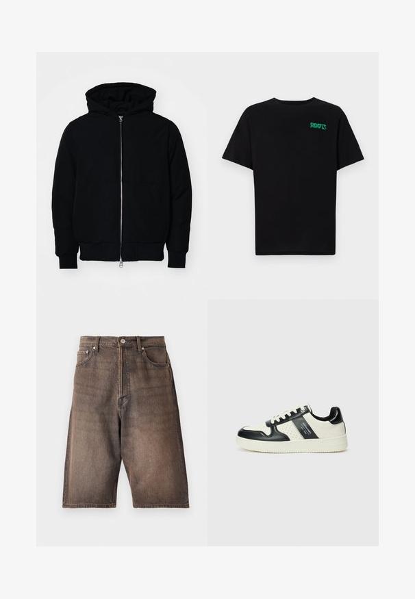Black hooded jacket with front zipper, kangaroo pocket, ribbed cuffs, and hem, displayed on a plain white background.; Black t-shirt made of cotton with short sleeves. Features a green "ROOTS" logo on the front, round neckline, and standard fit.; Denim shorts in a faded brown color with a straight cut. Features five pockets, belt loops, and a button closure at the waist.; Leather sneakers with a black and cream color scheme, featuring perforated accents, a padded collar, and a textured outsole.