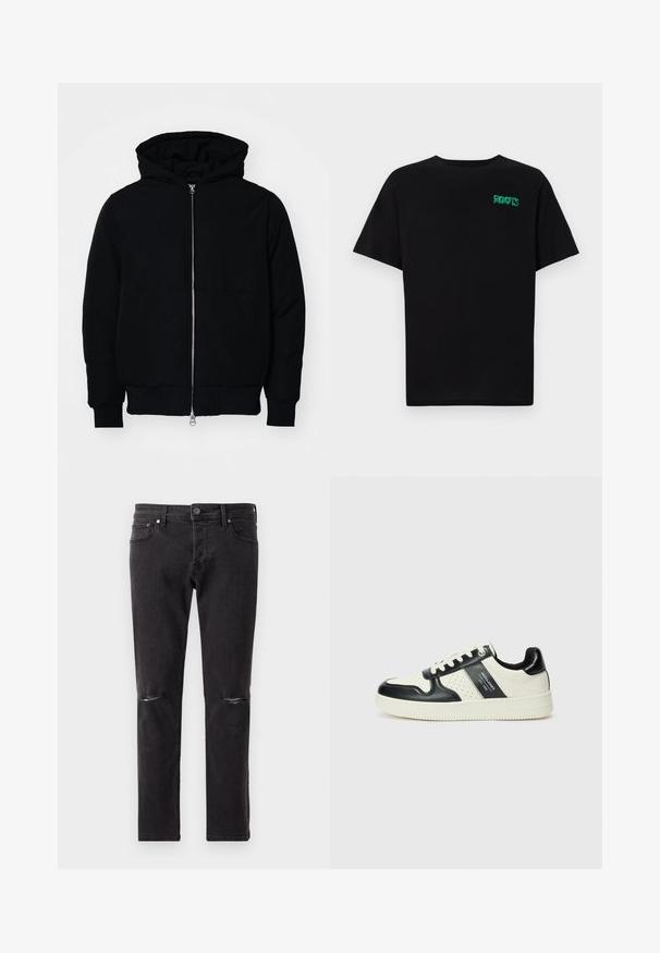 Černá kapucňová bunda s předním zipem, klokaní kapsou, vroubkovanými manžetami a spodním lemem, vystavená na čistém bílém pozadí.; Černé tričko vyrobené z bavlny s krátkým rukávem. Na přední straně se nachází zelené logo "ROOTS", kulatý výstřih a standardní střih.; Černé džíny z denimu s úzkým střihem, které mají dvě roztržené otvory na kolenou a standardní design s pěti kapsami. Měkká textura, minimální kovové detaily.; Kožené tenisky s černobílou barevnou kombinací, které mají perforované detaily, polstrovaný límec a texturovanou podrážku.