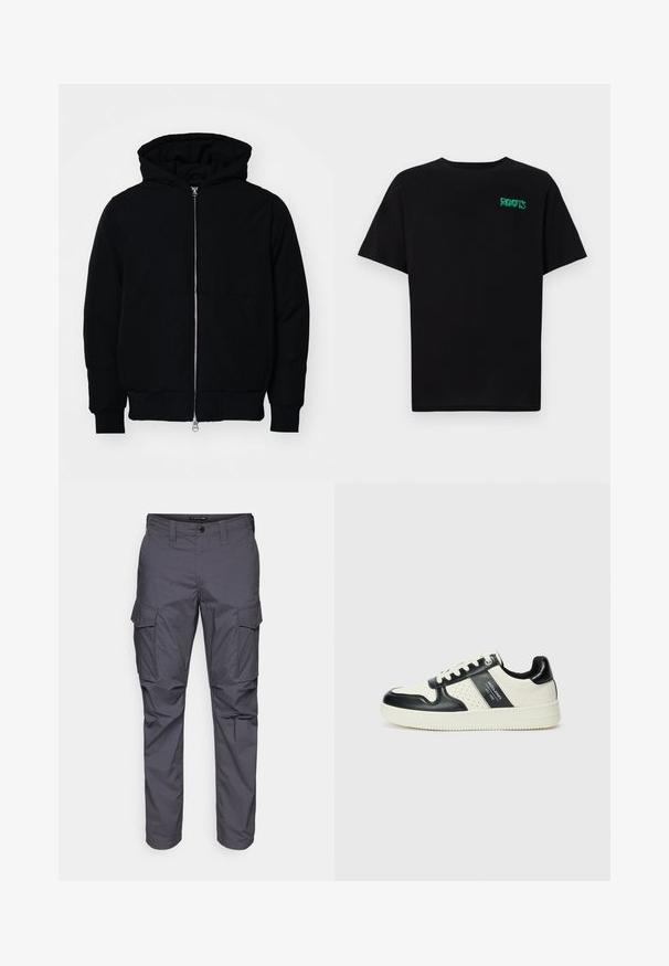 Svart hettejakke med frontglidelås, kengurulomme, ribbestrikket mansjetter og søm, vist på en ensfarget hvit bakgrunn.; svart t-skjorte laget av bomull med korte ermer. Har et grønt "ROOTS"-logo på forsiden, rund halsutringning og standard passform.; Grå cargo bukser med lige snit, lavet af letvægtsstof, med sidelommer og knaplukning i taljen.; Lædersneakers med sort og creme farveskema, der har perforerede detaljer, en polstret krave og en struktureret ydersål.