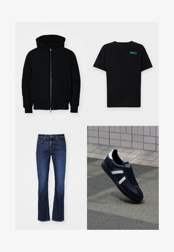 Chaqueta negra con capucha, cierre frontal, bolsillo tipo canguro, y puños y dobladillo acanalados, exhibida sobre un fondo blanco liso.; Camiseta negra de algodón con mangas cortas. Presenta un logo verde "ROOTS" en el frente, escote redondo y corte estándar.; Jeans de mezclilla azul oscuro con corte recto, que cuentan con cinco bolsillos, un cierre de botón y un ligero desgastado en la parte frontal.; Zapatilla de cuero negra con rayas blancas, suela de goma texturizada y parte frontal con cordones. Cuenta con una etiqueta de marca en la lengüeta.
