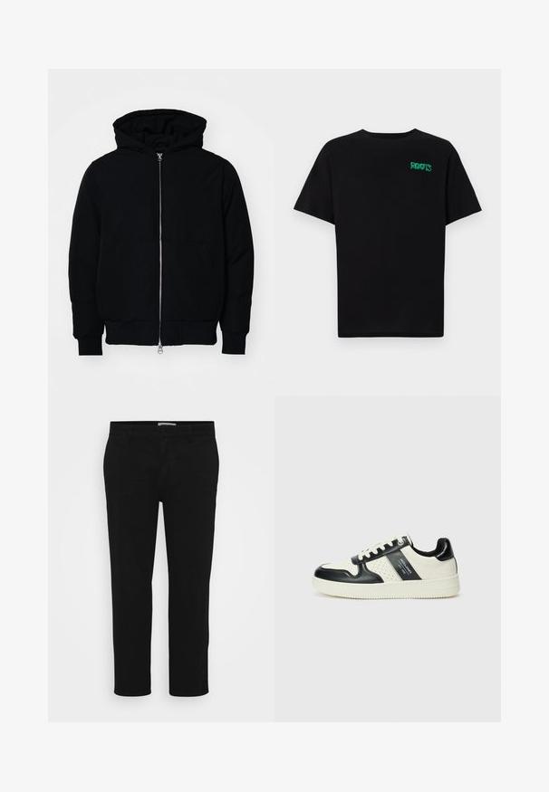 Schwarze Kapuzenjacke mit Frontreißverschluss, Kängurutasche, gerippten Bündchen und Saum, auf einem schlichten weißen Hintergrund präsentiert.; Schwarzes T-Shirt aus Baumwolle mit kurzen Ärmeln. Auf der Vorderseite befindet sich ein grünes "ROOTS"-Logo, es hat einen runden Halsauschnitt und eine normale Passform.; Schwarze Baumwollhosen mit geradem Schnitt, Fronttaschen, einem Knopfverschluss und einer sauberen, glatten Textur. Keine sichtbaren Muster oder Verzierungen.; Leder-Sneaker in Schwarz- und Cremetönen, mit perforierten Akzenten, einem gepolsterten Kragen und einer strukturierten Laufsohle.