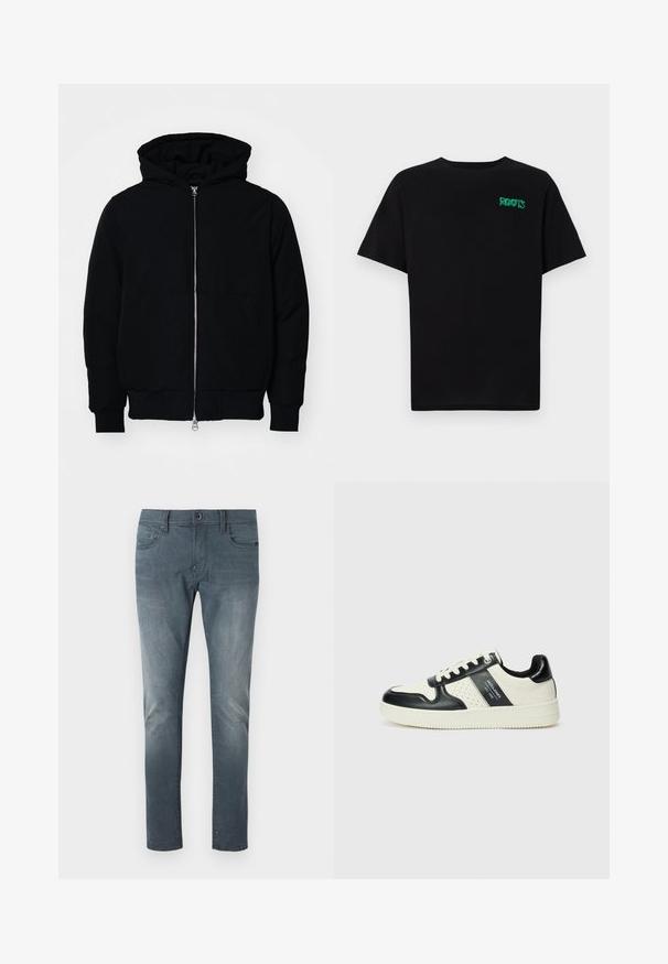 Chaqueta negra con capucha, cierre frontal, bolsillo tipo canguro, y puños y dobladillo acanalados, exhibida sobre un fondo blanco liso.; Camiseta negra de algodón con mangas cortas. Presenta un logo verde "ROOTS" en el frente, escote redondo y corte estándar.; Jeans de denim azul decolorado con un corte recto, que presentan un diseño clásico de cinco bolsillos, cierre de botón y sutiles detalles de desgaste.; Zapatillas de cuero con un esquema de colores negro y crema, que cuentan con acentos perforados, un collar acolchado y una suela texturizada.