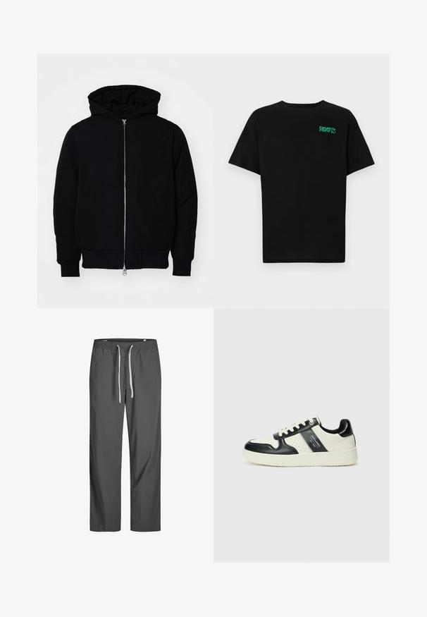 Črna kapuca jakna s sprednjim zadrgo, kenguru žepom, rebrastimi manšetami in hemom, razstavljena na enostavni beli ozadju.; Črna majica iz bombaža z kratkimi rokavi. Na sprednji strani ima zeleno logotip "ROOTS", okroglo ovratnico in standardno prileganje.; Sive, lahke hlače z elastičnim pasom in belim vezico. Ohlapen kroj, gladka tekstura, brez vidnih vzorcev ali dodatkov.; Usnjeni športni čevlji z črno in krem barvno shemo, ki vključujejo perforirane dodatke, podložen ovratnik in strukturirano podplat.