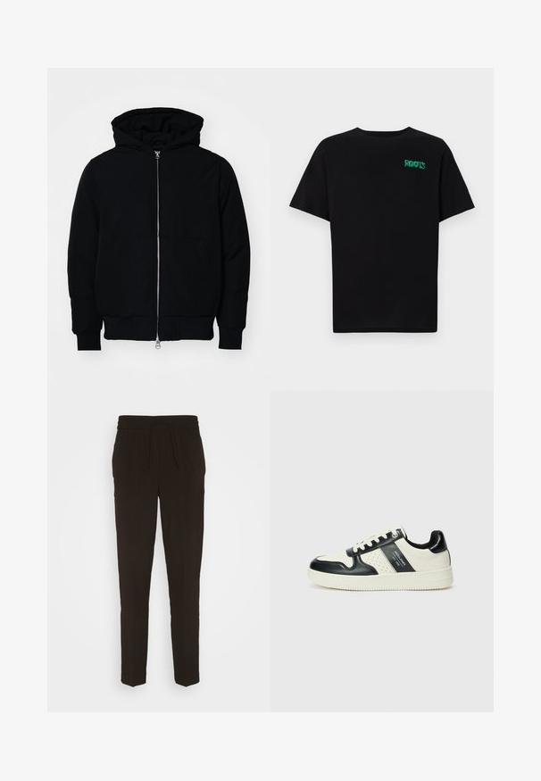 Svart hettejakke med frontglidelås, kengurulomme, ribbestrikket mansjetter og søm, vist på en ensfarget hvit bakgrunn.; svart t-skjorte laget av bomull med korte ermer. Har et grønt "ROOTS"-logo på forsiden, rund halsutringning og standard passform.; Svart, lange, smalle bukser laget av et mykt, glatt materiale. Har en elastisk midje med snor for justerbar passform.; Lædersneakers med sort og creme farveskema, der har perforerede detaljer, en polstret krave og en struktureret ydersål.
