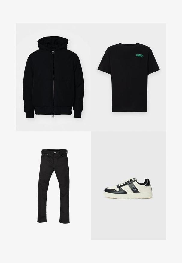 Črna kapuca jakna s sprednjim zadrgo, kenguru žepom, rebrastimi manšetami in hemom, razstavljena na enostavni beli ozadju.; Črna majica iz bombaža z kratkimi rokavi. Na sprednji strani ima zeleno logotip "ROOTS", okroglo ovratnico in standardno prileganje.; Črne denim hlače z ravnim krojem, petimi žepi in kovinskim gumbom za zapiranje. Gladka tekstura in enotna barva po celotni površini.; Usnjeni športni čevlji z črno in krem barvno shemo, ki vključujejo perforirane dodatke, podložen ovratnik in strukturirano podplat.