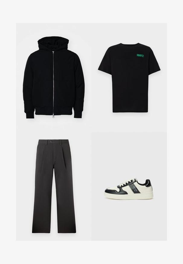 Juodas gobtuvėlis su priekiniu užtrauktuku, kengūros tipo kišene, lygiais rankogaliais ir apvadu, pateiktas ant vientiso balto fono.; Juodas medvilninis marškinėliai trumpomis rankovėmis. Priekyje yra žalias „ROOTS“ logotipas, apvalus iškirpimas ir standartinė prigludimo forma.; Juodi plisuoti kelnių su tiesiu kirpimu, pagaminti iš lygaus audinio. Yra sagos užsegimas ir diržo kilpos ant liemens.; Odiniai sportbačiai juodos ir kreminės spalvų schemoje, su perforuotais akcentais, paminkštinta apykakle ir tekstūruotu padu.