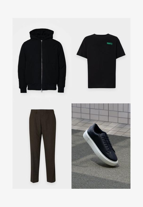 Crna kapuška jakna s prednjim zatvaračem, kenguru džepom, rebrastim manžetama i rubom, prikazana na običnoj bijeloj pozadini.; Crna majica kratkih rukava od pamuka. Na prednjem dijelu se nalazi zeleni "ROOTS" logo, okrugli izrez i standardni kroj.; Smeđe krojene hlače ravnog kroja, s glatkom teksturom, peteljkama za remen i bočnim džepovima. Pogodne za formalnu odjeću.; Crne kožne tenisice s zaobljenim vrhom i bijelim gumiranim potplatom. Imaju ravne vezice i minimalno šivanje na gornjem dijelu. Teksturirani potplat za bolje prianjanje.