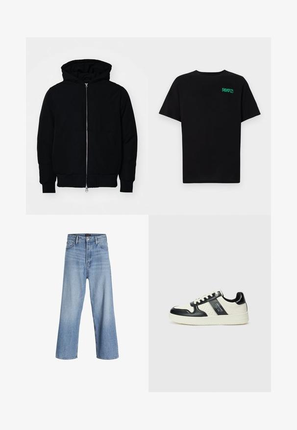 Jachetă neagră cu glugă, cu fermoar în față, buzunar tip kangaroo, mansete și tiv ribbed, prezentată pe un fundal alb simplu.; Tricou negru din bumbac, cu mâneci scurte. Prezintă un logo verde "ROOTS" pe față, guler rotund și o potrivire standard.; Jeans din denim albastru deschis, cu picioare largi și talie înaltă, având un sistem de închidere cu nasturi, design cu cinci buzunare și o ușoară decolorare. Terminatii curate ale tivului.; Tenisi din piele cu un scheme de culori negru și crem, dotati cu accente perforate, guler căptușit și o talpă texturată.