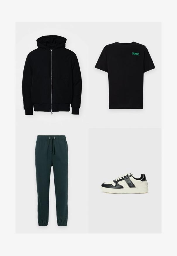 Black hooded jacket with front zipper, kangaroo pocket, ribbed cuffs, and hem, displayed on a plain white background.; Black t-shirt made of cotton with short sleeves. Features a green "ROOTS" logo on the front, round neckline, and standard fit.; Dark green sweatpants with an elastic waistband, drawstring, and ribbed cuffs; features a subtle embossed logo on the front.; Leather sneakers with a black and cream color scheme, featuring perforated accents, a padded collar, and a textured outsole.