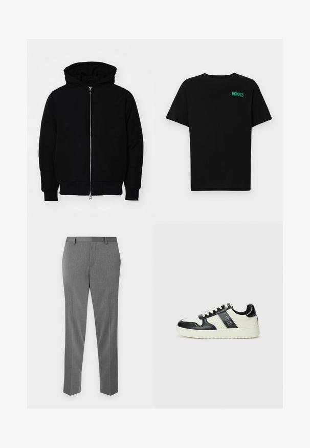 Sort hættejakke med frontlynlås, kængurulomme, ribbede manchetter og kant, præsenteret på en ensfarvet hvid baggrund.; Sort t-shirt lavet af bomuld med korte ærmer. Har et grønt "ROOTS" logo på forsiden, rund halsudskæring og almindelig pasform.; Grå skræddersyede bukser med en fin herringbone-struktur, lige snit og bæltestropper. Har pressede folder for et poleret udseende.; Lædersneakers i sort og creme farveskema, med perforerede detaljer, en polstret krave og en struktureret ydersål.