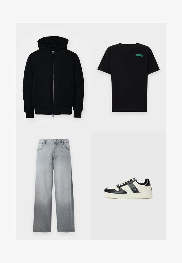 Chaqueta negra con capucha, cierre frontal, bolsillo tipo canguro, y puños y dobladillo acanalados, exhibida sobre un fondo blanco liso.; Camiseta negra de algodón con mangas cortas. Presenta un logo verde "ROOTS" en el frente, escote redondo y corte estándar.; Jeans de pierna ancha en gris claro con un efecto deslavado, con cierre de botón y cremallera, diseño de cinco bolsillos y costuras en contraste.; Zapatillas de cuero con un esquema de colores negro y crema, que cuentan con acentos perforados, un collar acolchado y una suela texturizada.