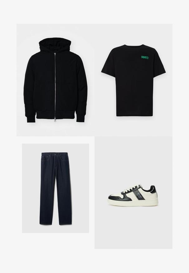 Mustat huppu-untuvatakki, jossa on vetoketju edessä, kenguru-tasku, ribatut hihansuut ja helma, esillä yksinkertaisella valkoisella taustalla.; Mustat t-paidat, jotka on valmistettu puuvillasta ja joissa on lyhyet hihat. Edessä vihreä "ROOTS"-logo, pyöreä kaula-aukko ja normaali istuvuus.; Tummansinisiä suoria farkkuja, joissa on viisi taskua, napitus ja näkyvät langanompeleet vaalealla taustalla.; Nahkakengät musta-kerma värimaailmassa, joissa on rei'itetyt yksityiskohdat, pehmustettu nilkkaosa ja teksturoitu pohja.