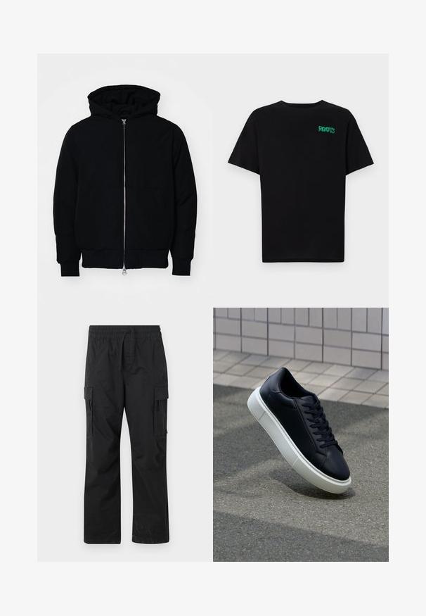 Mustaga kapuutsiga jakk, millel on esineed, kenguru tasku, soonikkoes, ja alläär, esitatud lihtsal valgel taustal.; Must t-särk, mis on valmistatud puuvillast, lühikeste varrukatega. Esipaneelil on roheline "ROOTS" logo, ümmargune kaelus ja tavapärane lõige.; Mustad mustrit püksid, mis on valmistatud kergest kangast, elastse vöökoha, paelaga ja kahe külgmise taskuga.; Mustast nahast tennisetoss, millel on ümar nina ja valge kummist tall. Omab siredaid paelu ja minimaalset õmblemist ülemises osas. Tekstuuriga tald, mis tagab haakuvuse.